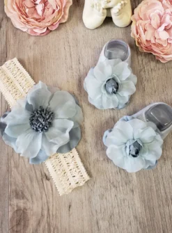 Chaussons / chaussettes + bandeau bébé fille fleur vieux bleu Bleu Taille unique