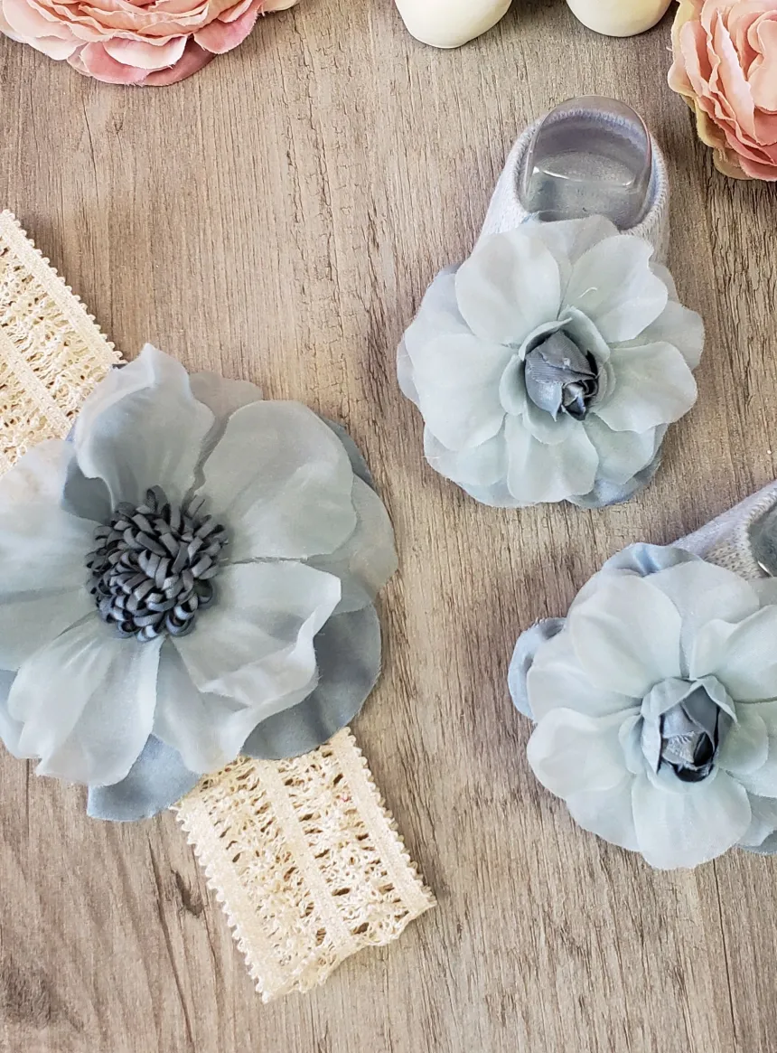 Chaussons / chaussettes + bandeau bébé fille fleur vieux bleu Bleu Taille unique