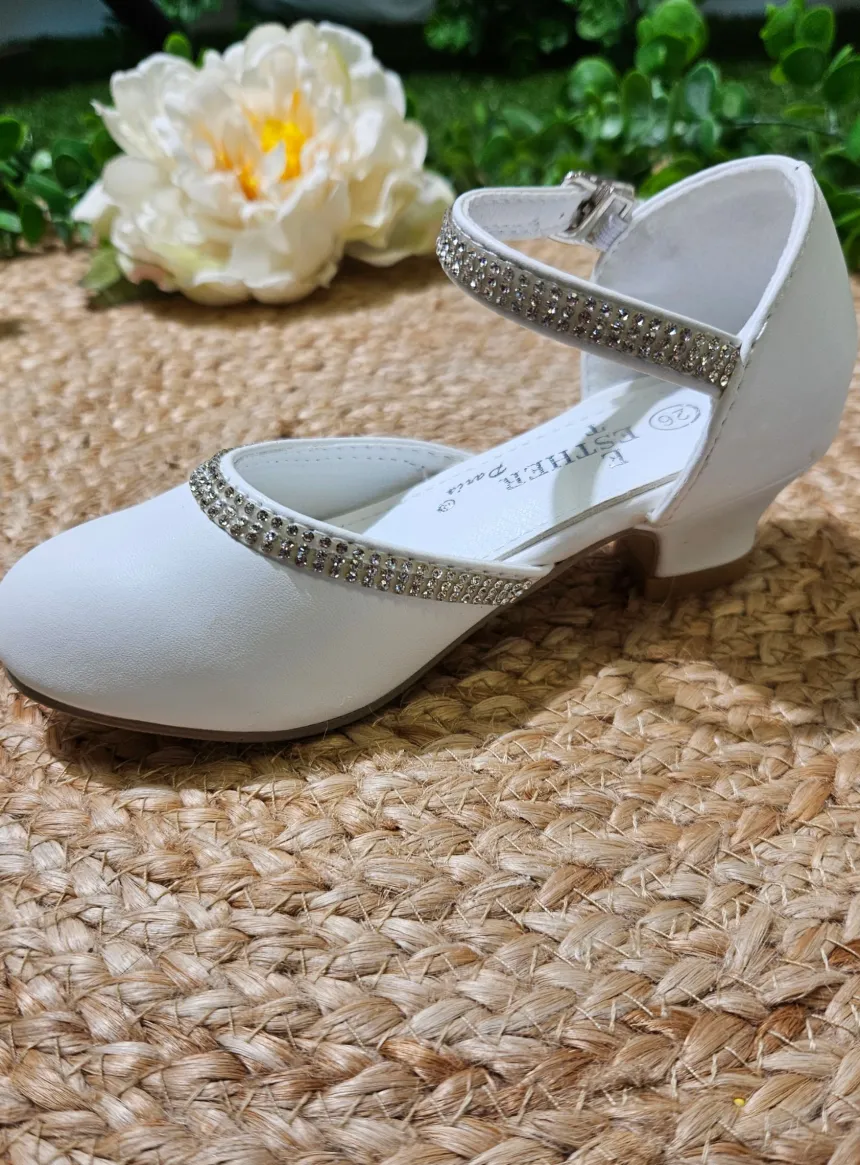 Chaussures blanches à talon avec strass pour fille