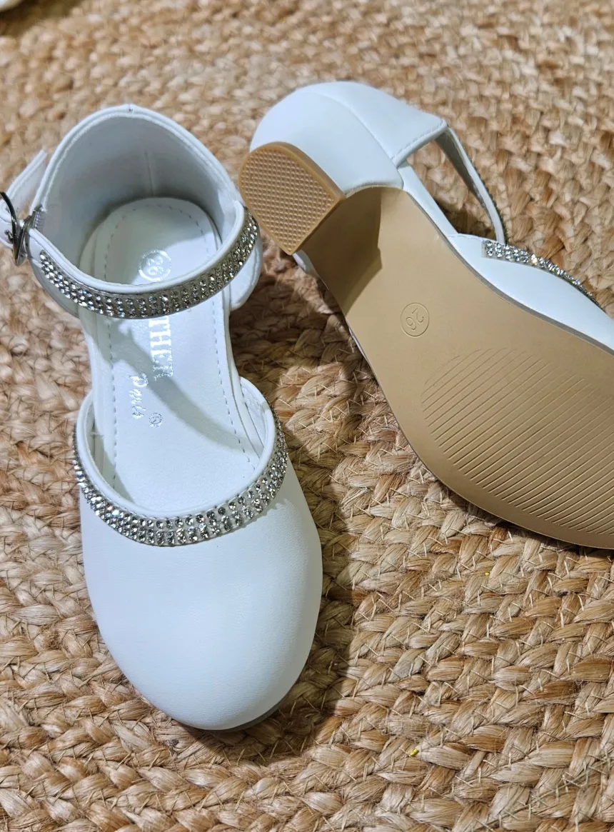 Chaussures blanches à talon avec strass pour fille