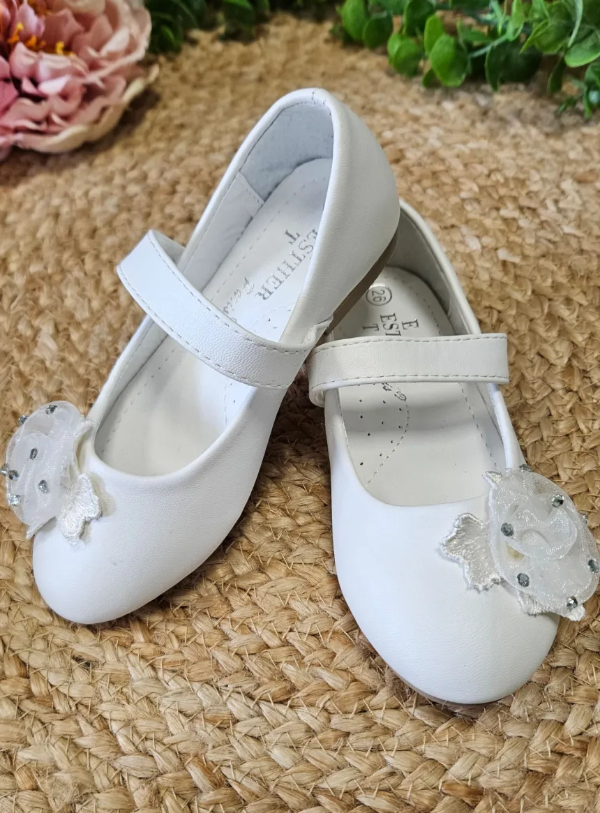 Chaussures cérémonie fille pas chère à lanière fleurs et strass
