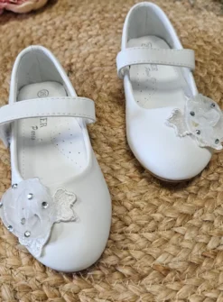 Chaussures cérémonie fille pas chère à lanière fleurs et strass