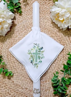 Cierge avec noeud coton Croix Fleurie