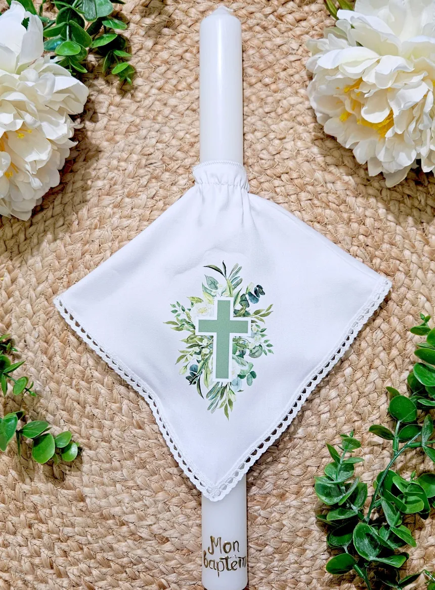 Cierge avec noeud coton Croix Fleurie