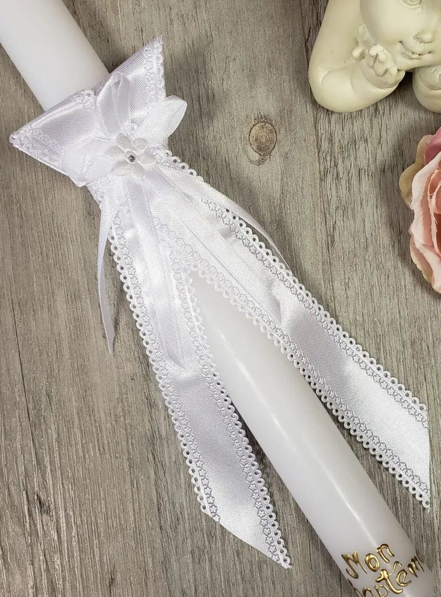 Cierge baptême avec noeud satin - Personnalisable