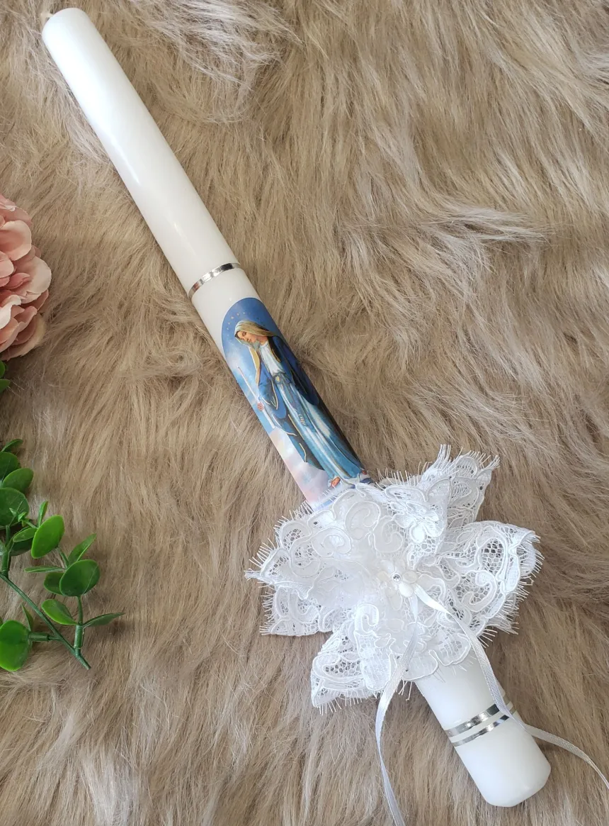 Cierge Baptême La Vierge + noeud dentelle