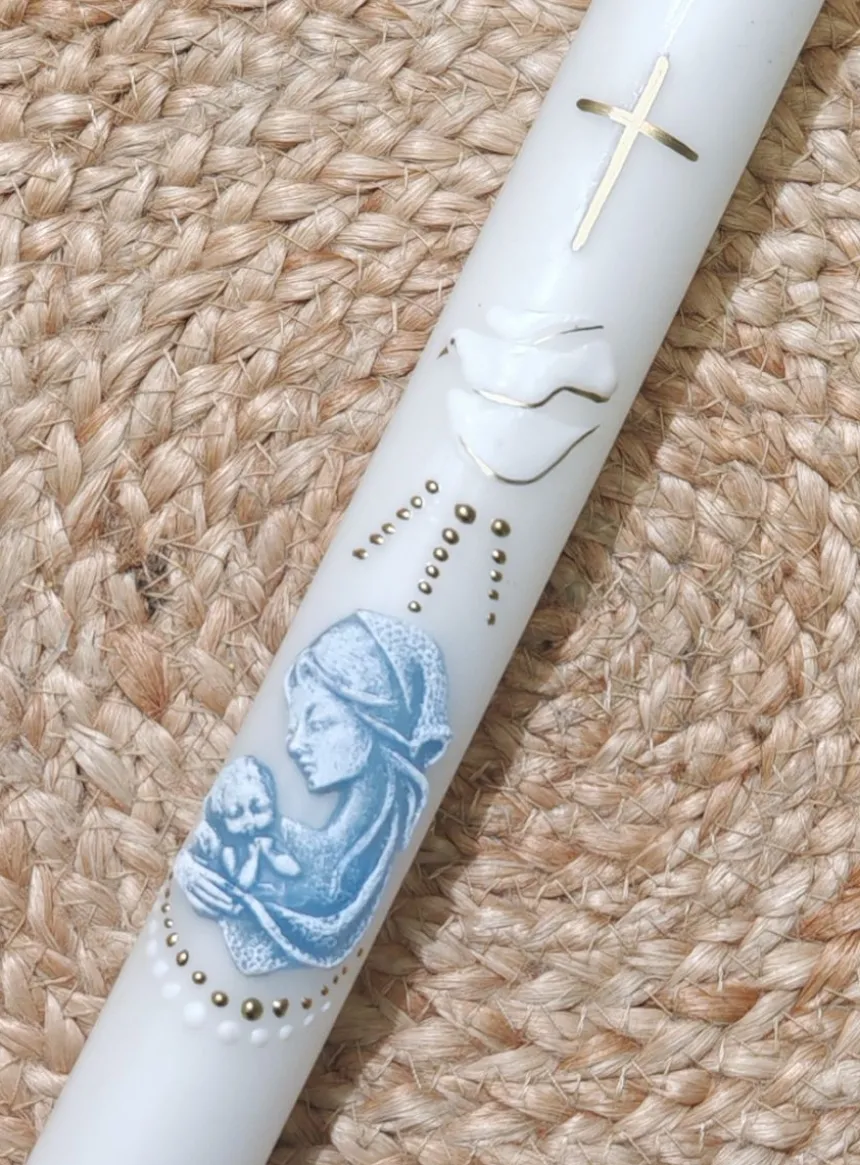 Cierge baptême Vierge et l'enfant colombe et croix