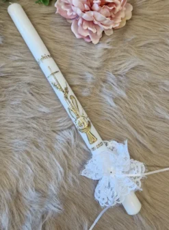 Cierge communion " Croix, Hostie et Calice" + noeud dentelle