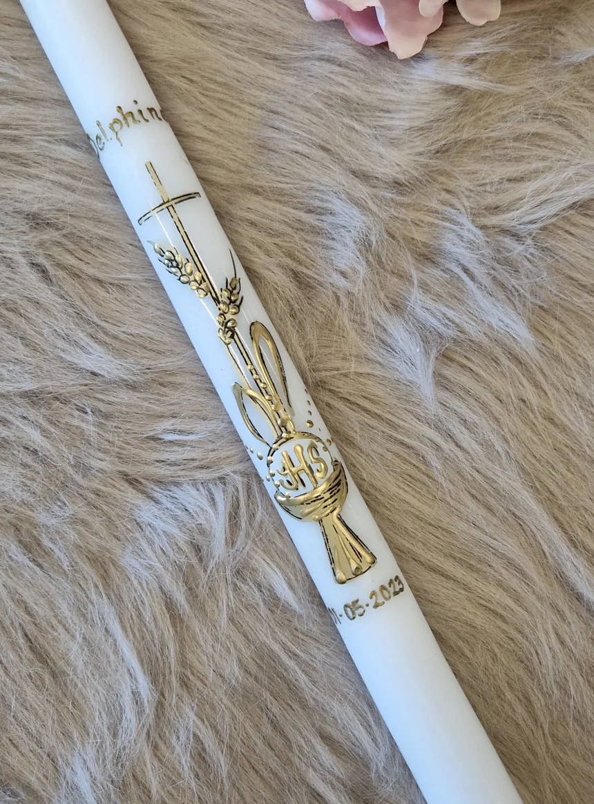 Cierge communion " Croix, Hostie et Calice" + noeud dentelle