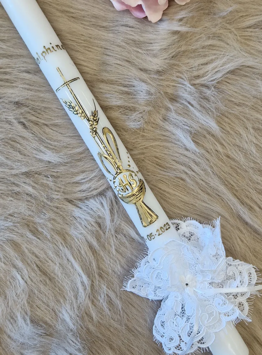 Cierge communion " Croix, Hostie et Calice" + noeud dentelle