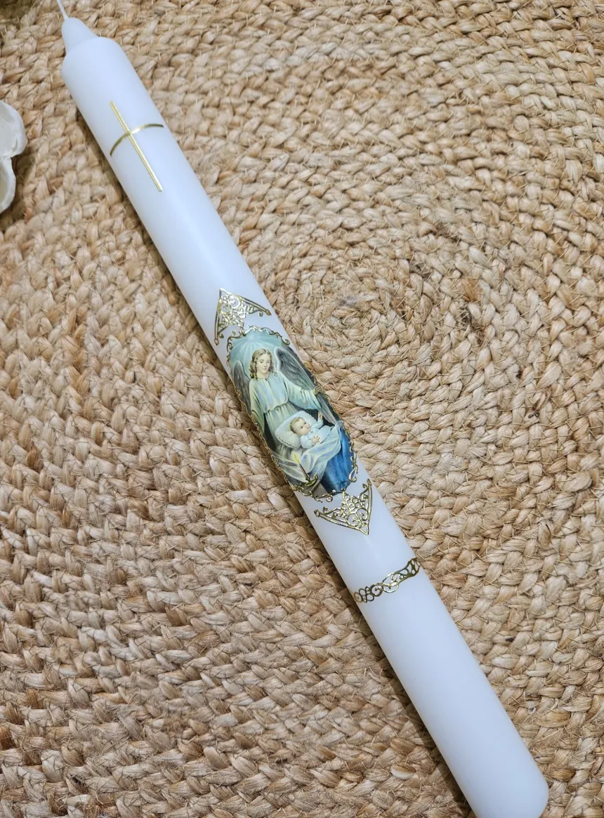 Cierge de baptême ange bénisseur bébé béni - Personnalisable Blanc