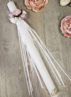 cierge de Baptême avec fleurs et ruban - Personnalisable