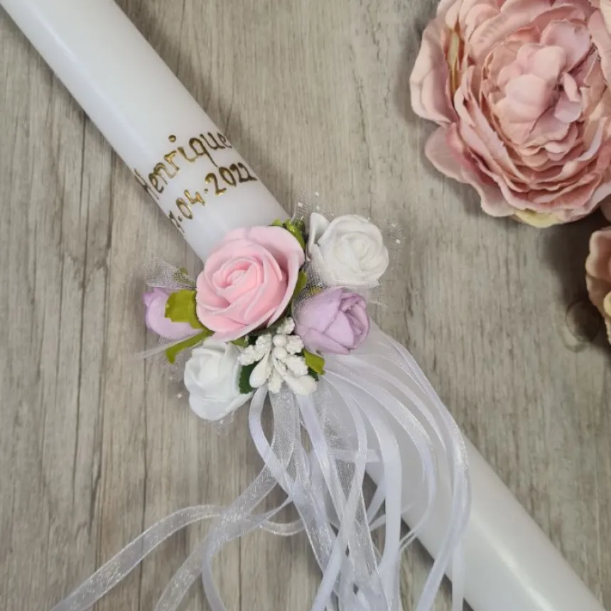 cierge de Baptême avec fleurs et ruban - Personnalisable