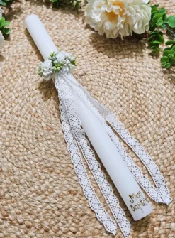 Cierge de baptême avec noeud florale dentelle vintage