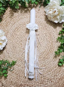 Cierge de Baptême + noeud décoratif fleurs et perles