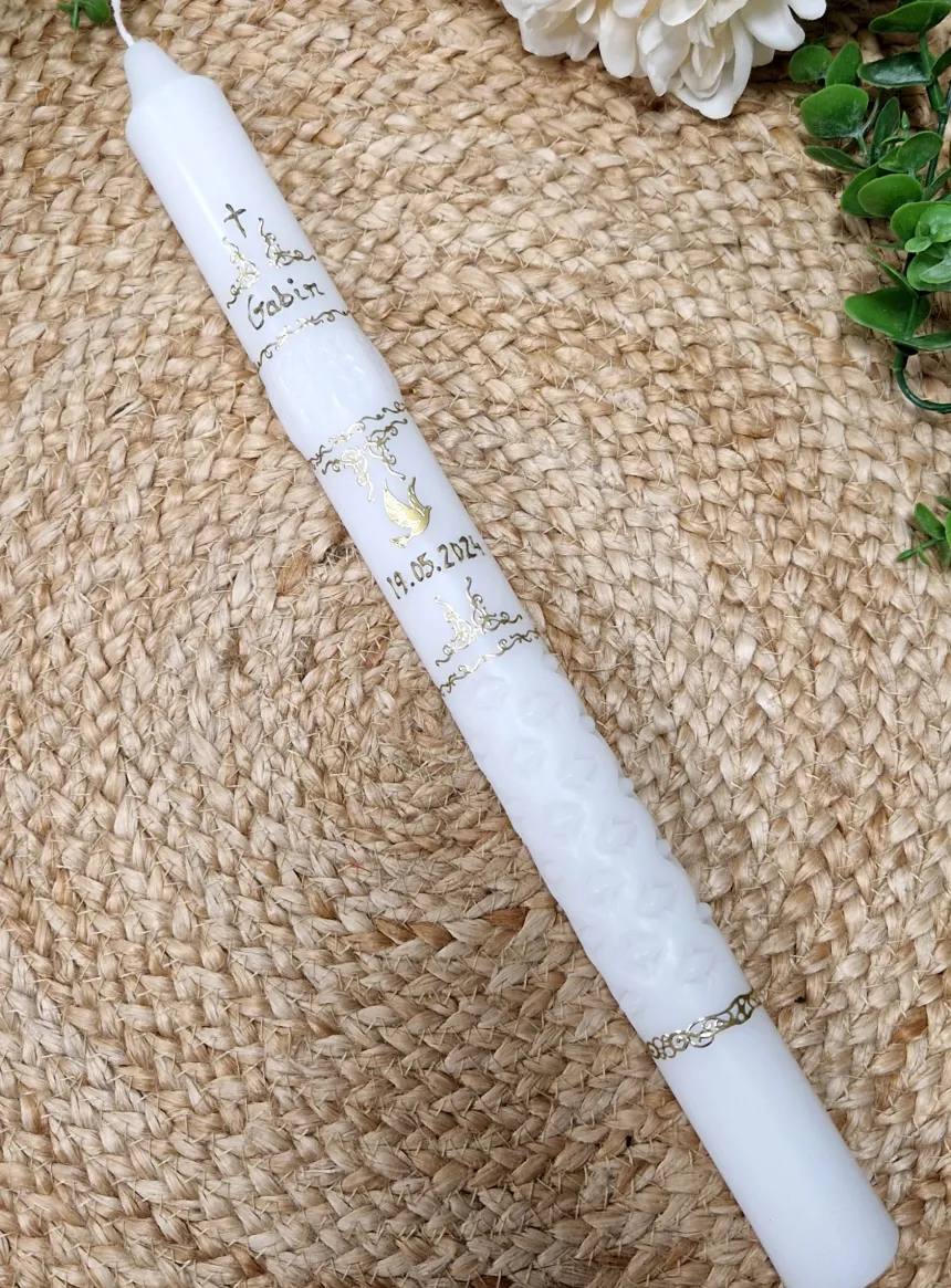 Cierge sculpté avec Colombe dorée - Personnalisable Blanc