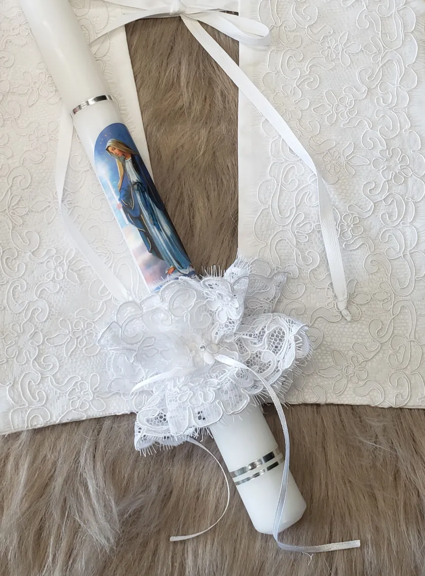 Coffret bapteme : étole + noeud dentelle avec bougie - la Vierge Marie