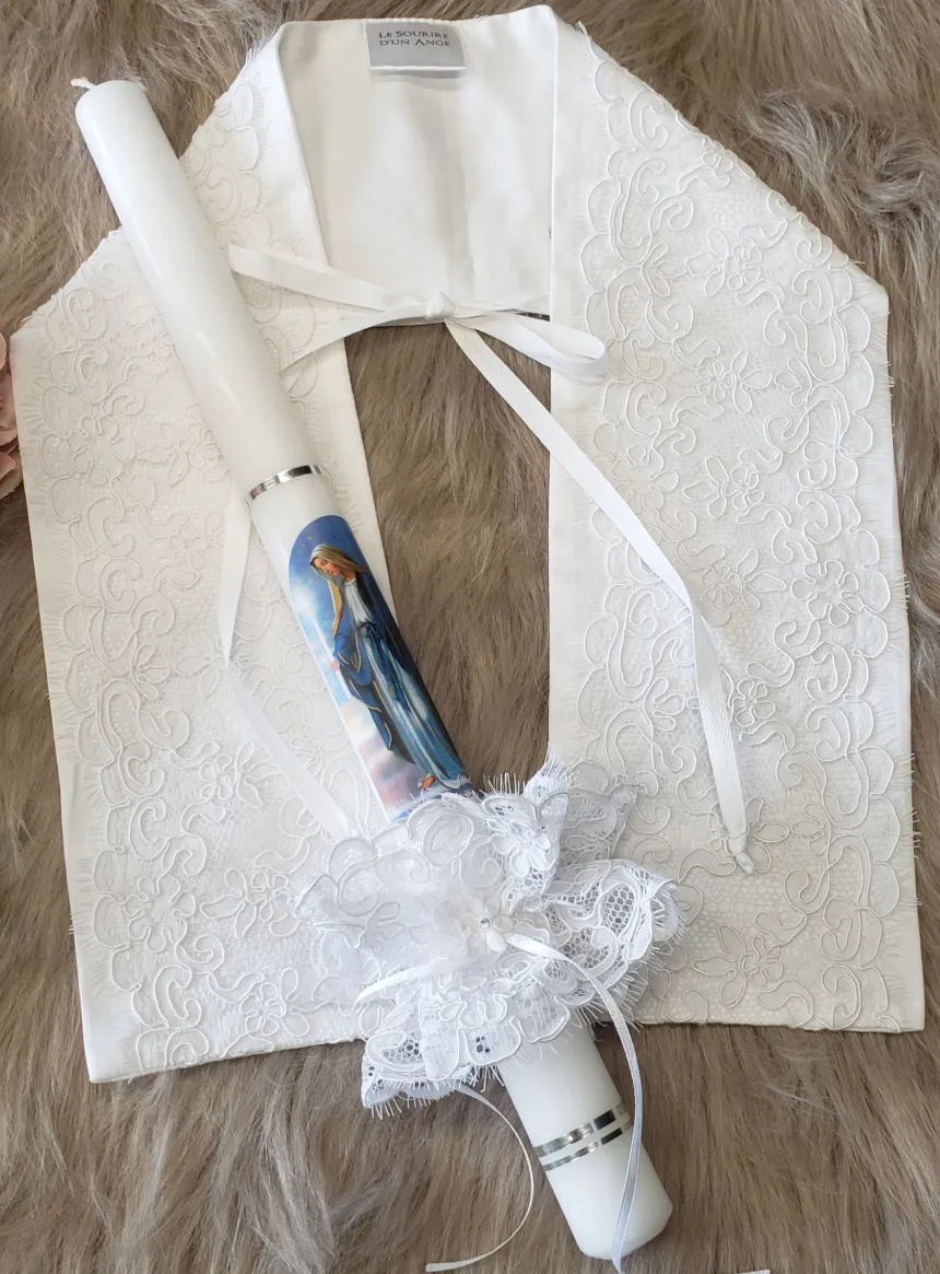 Coffret bapteme : étole + noeud dentelle avec bougie - la Vierge Marie