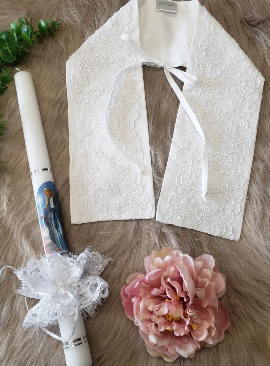 Coffret bapteme : étole + noeud dentelle avec bougie - la Vierge Marie