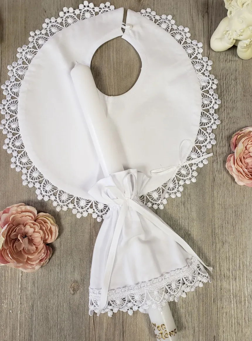 Coffret Bougie avec noeud + bavoir de baptême dentelle
