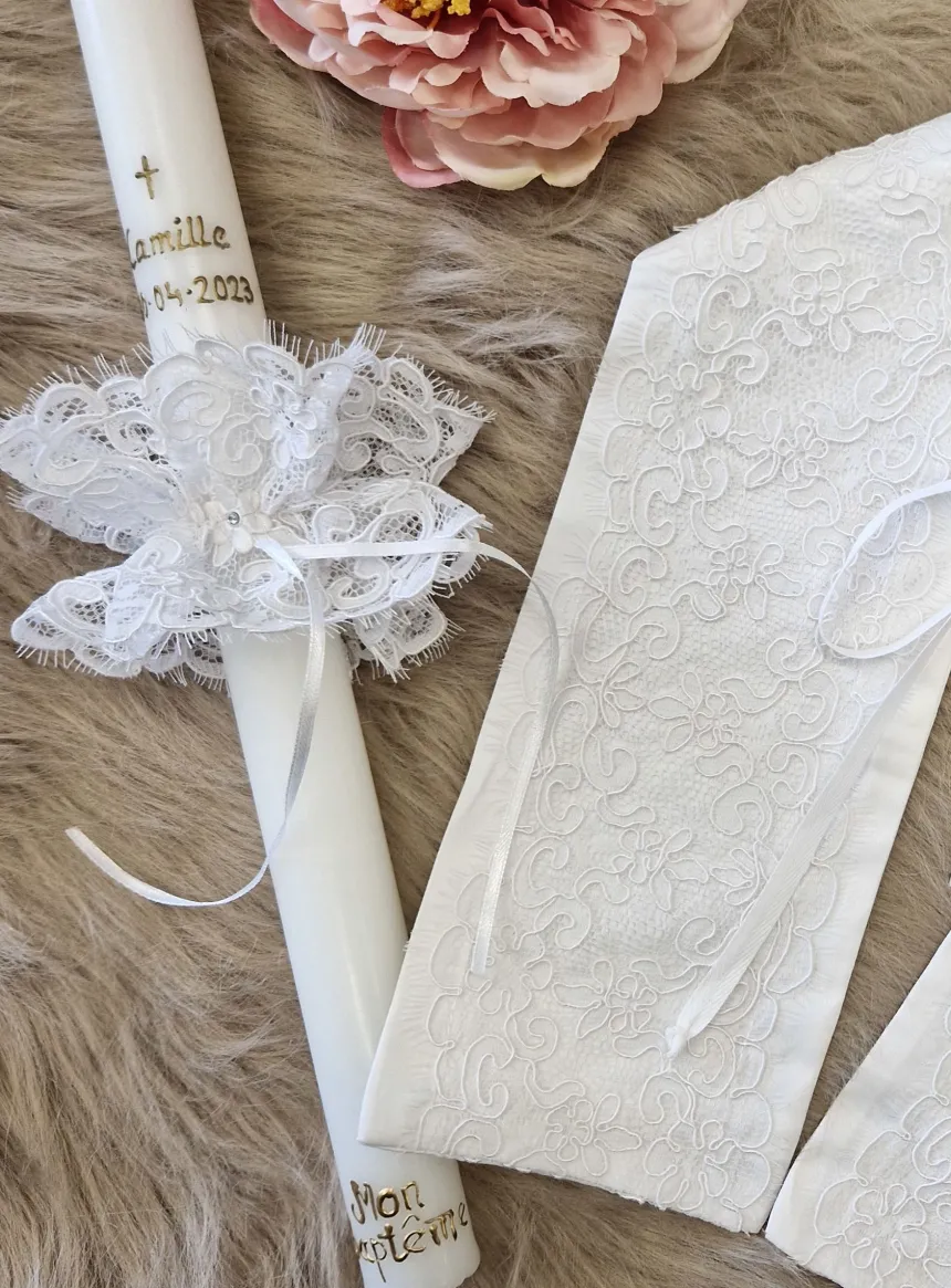 Coffret de bapteme Cierge + noeud + étole en dentelle