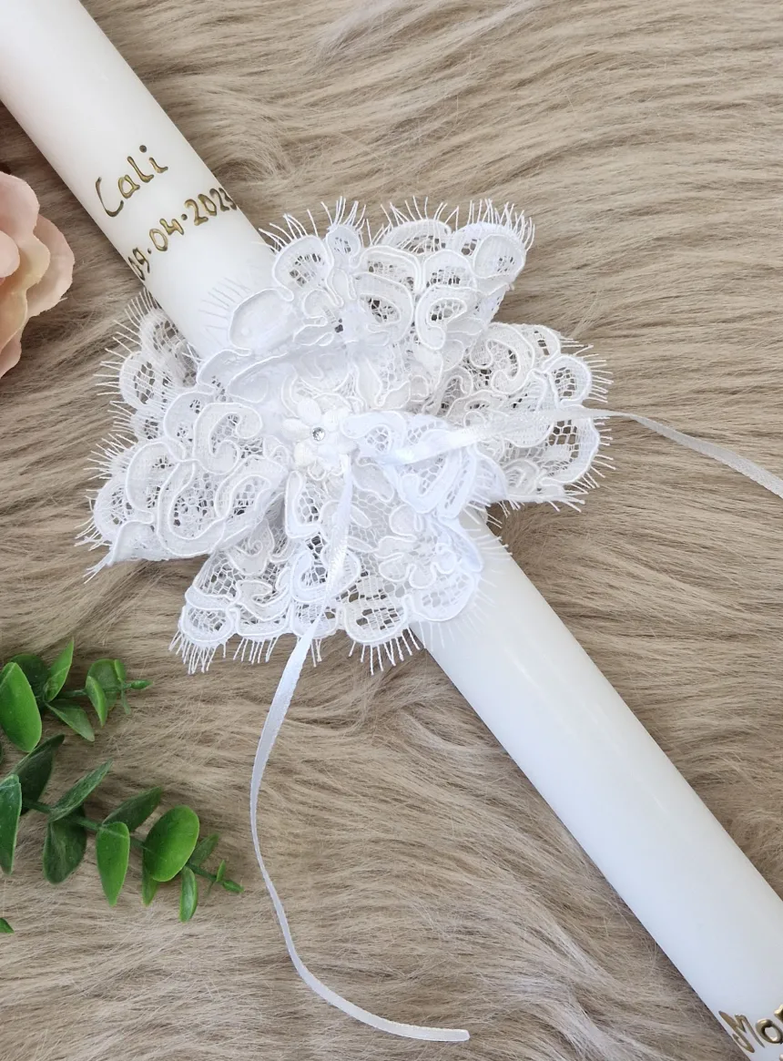 Coffret de bapteme Cierge + noeud + étole en dentelle