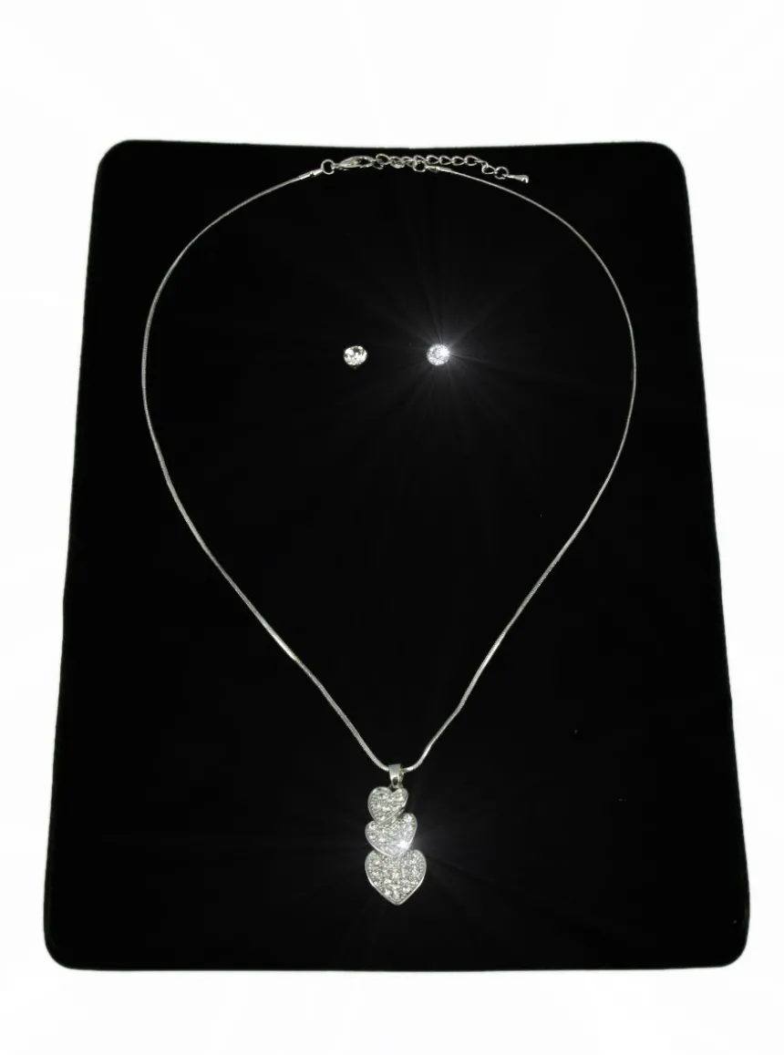 Collier pendentif coeur et boucles d'oreilles strass Gris argent
