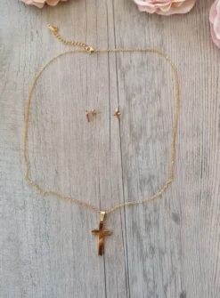 Collier pendentif Croix + boucles d'oreilles