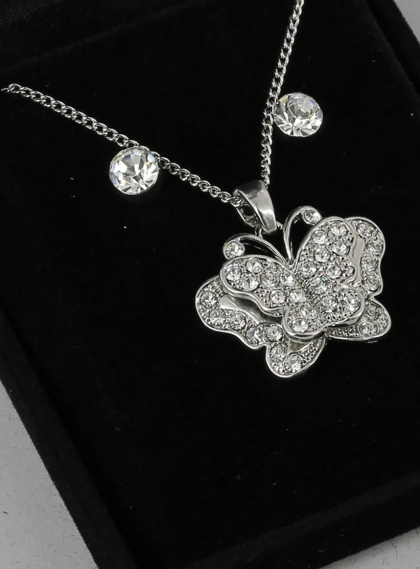 Collier pendentif papillon et boucles d'oreilles strass Gris argent