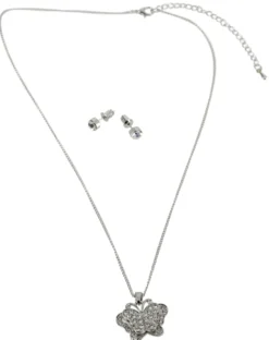 Collier pendentif papillon et boucles d'oreilles strass Gris argent