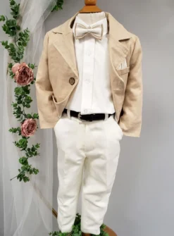 Costume garçon 4 pièces Lin beige et ivoire