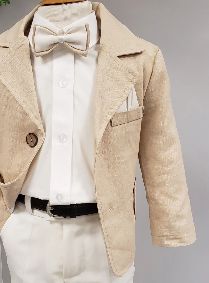 Costume garçon 4 pièces Lin beige et ivoire