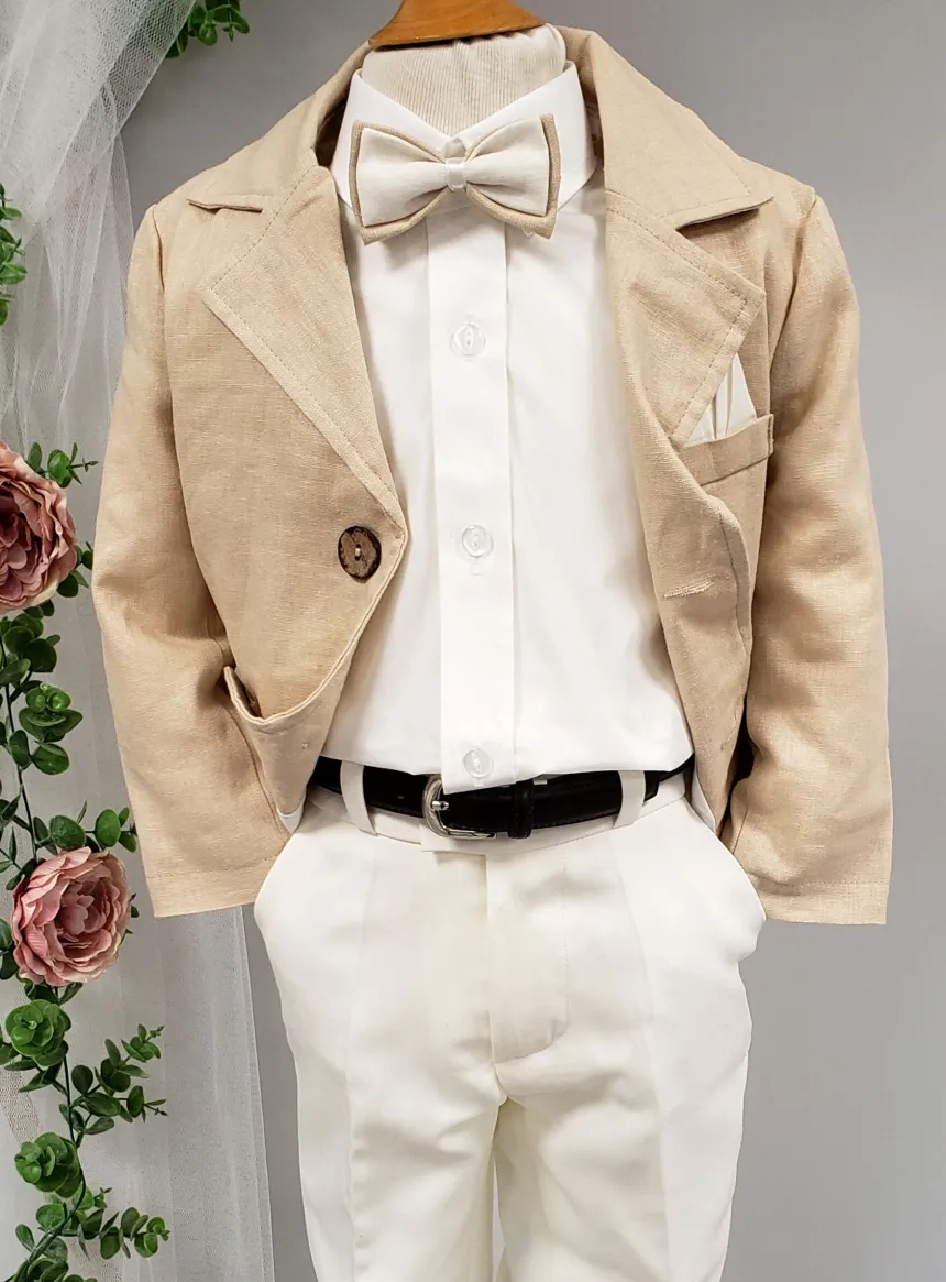 Costume garçon 4 pièces Lin beige et ivoire