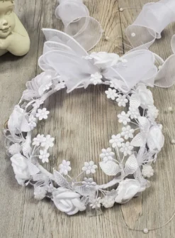 Couronne de baptême bébé fille blanche fleurs dôme Blanc