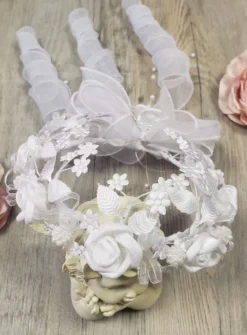Couronne de baptême bébé fille blanche fleurs dôme Blanc
