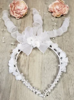 Couronne de communion pointe blanche perle transparent ruban Blanc