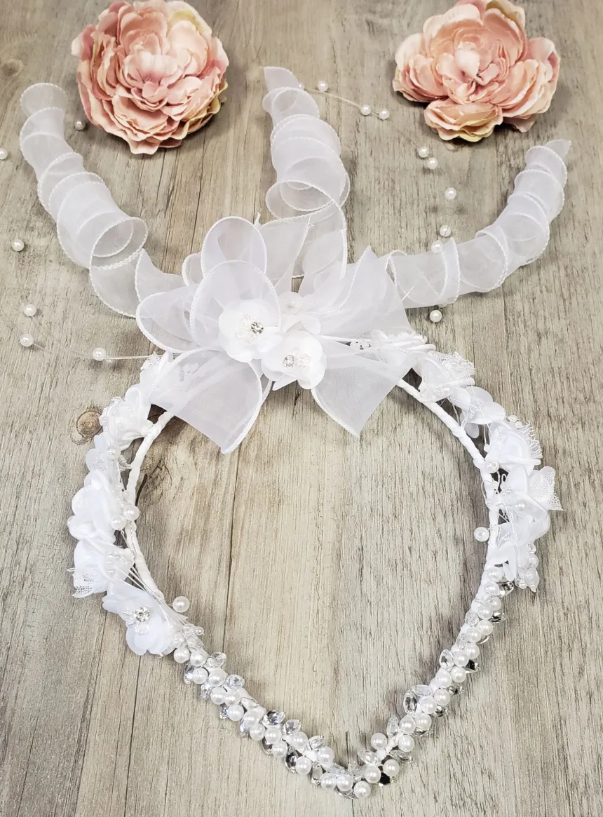 Couronne de communion pointe blanche perle transparent ruban Blanc