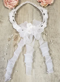 Couronne de communion pointe blanche perle transparent ruban Blanc