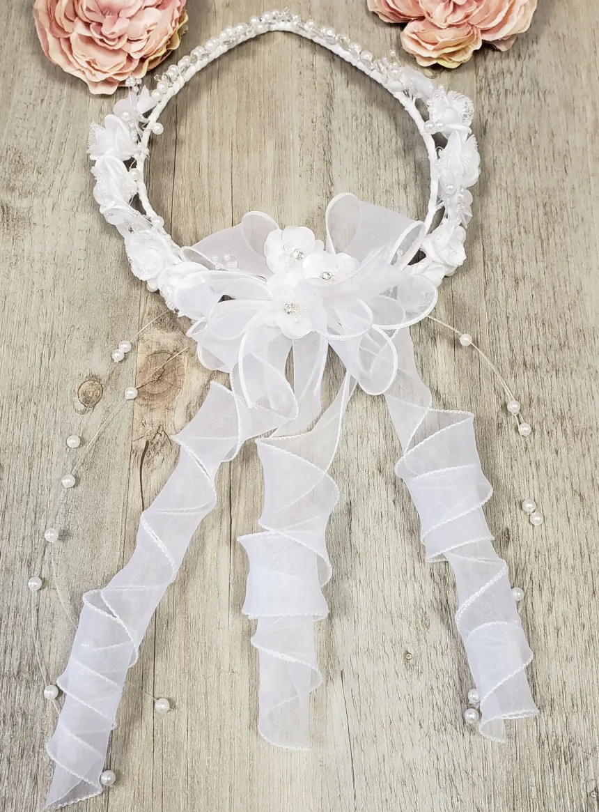 Couronne de communion pointe blanche perle transparent ruban Blanc