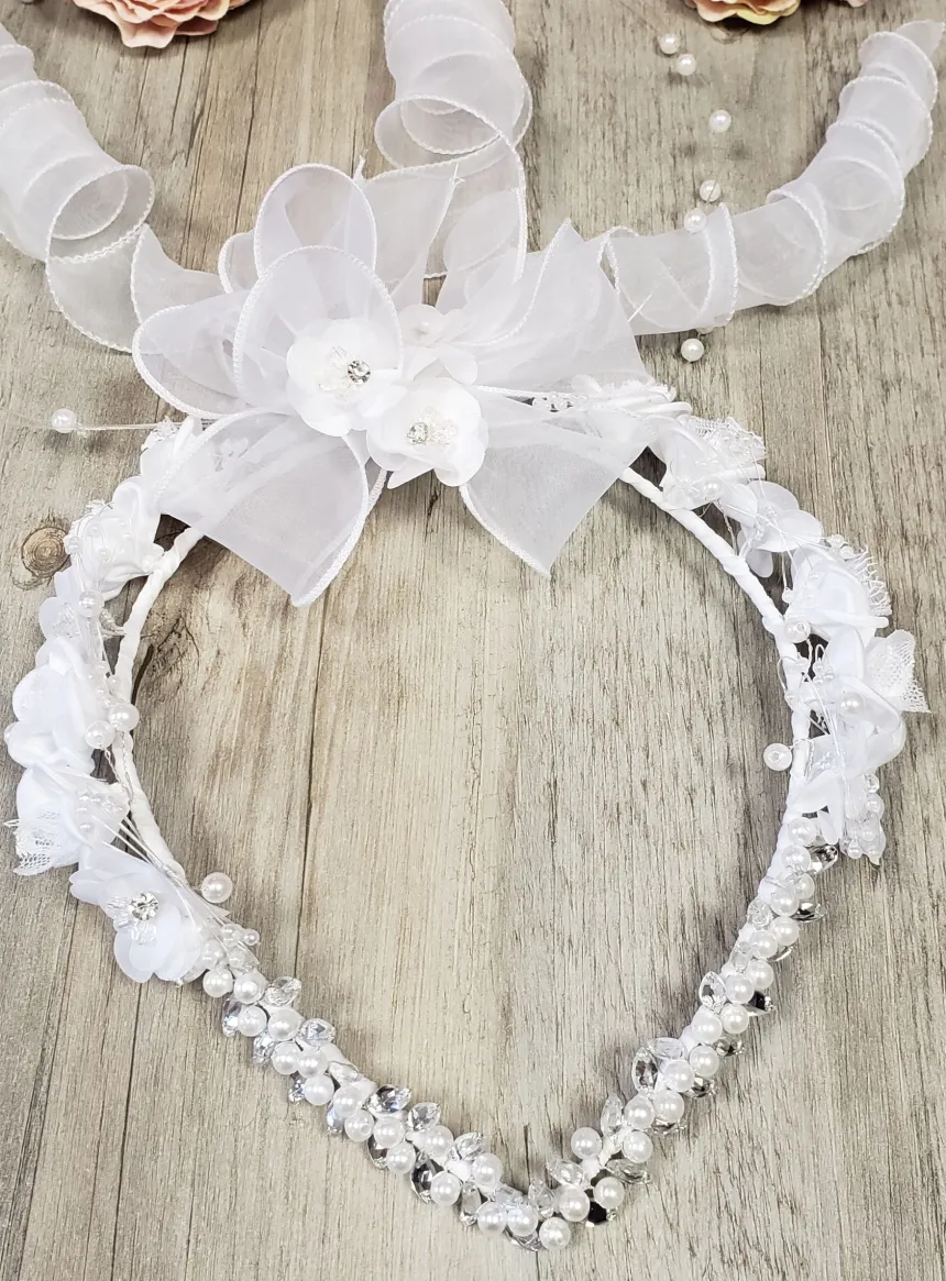 Couronne de communion pointe blanche perle transparent ruban Blanc