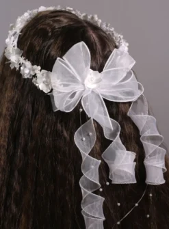 Couronne de communion ronde blanche fleur ruban Blanc