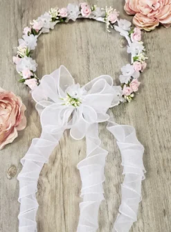 Couronne fleurs blanches et roses avec feuillage Blanc