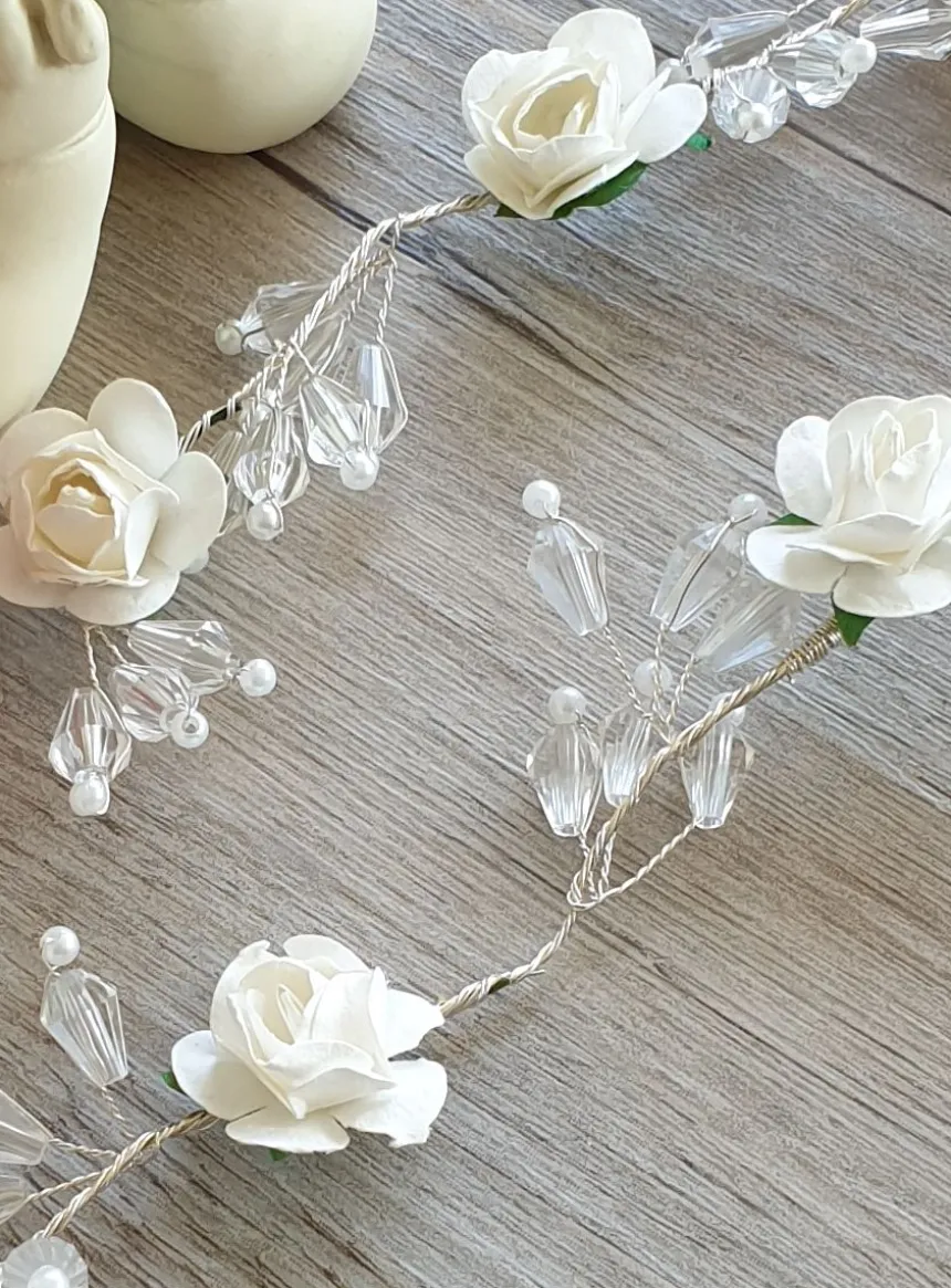 Couronne souple fleurs et perles Blanc
