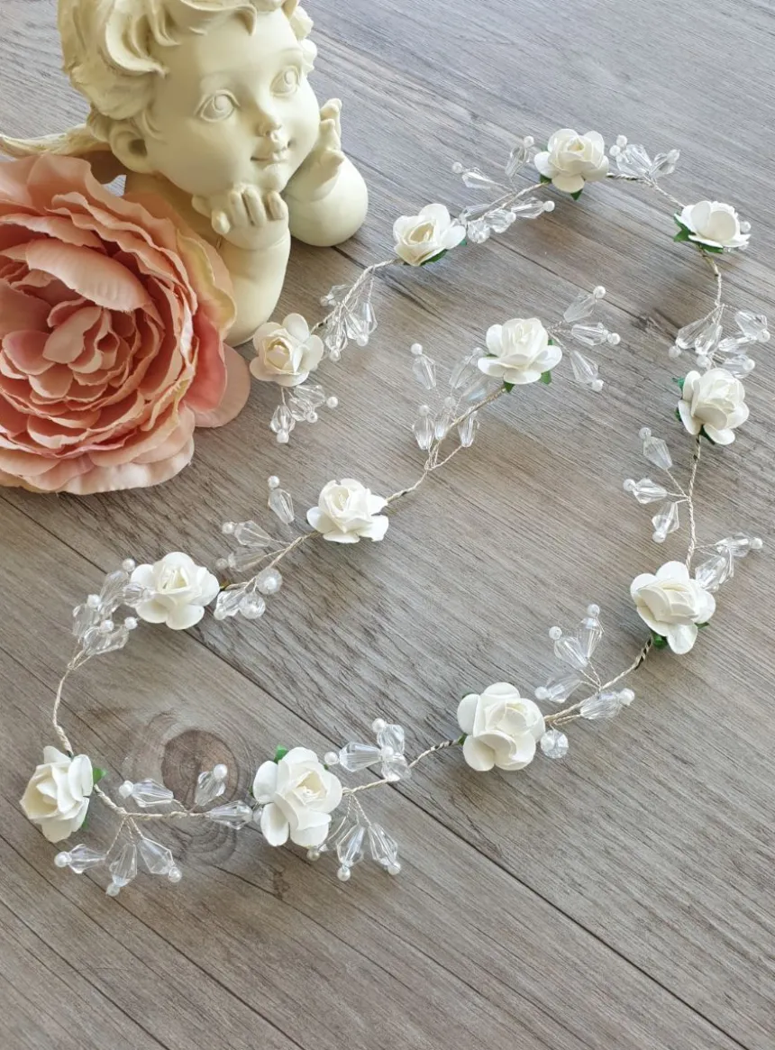 Couronne souple fleurs et perles Blanc