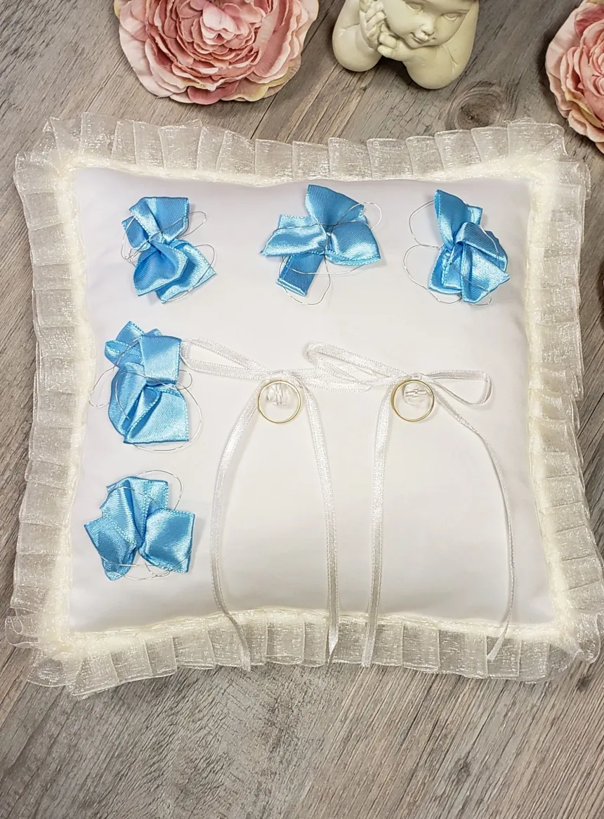 Coussin alliances mariage nœuds bleus 3 D