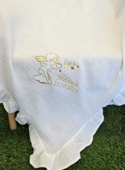 Couverture bapteme blanche coton gaze - Personnalisable Blanc