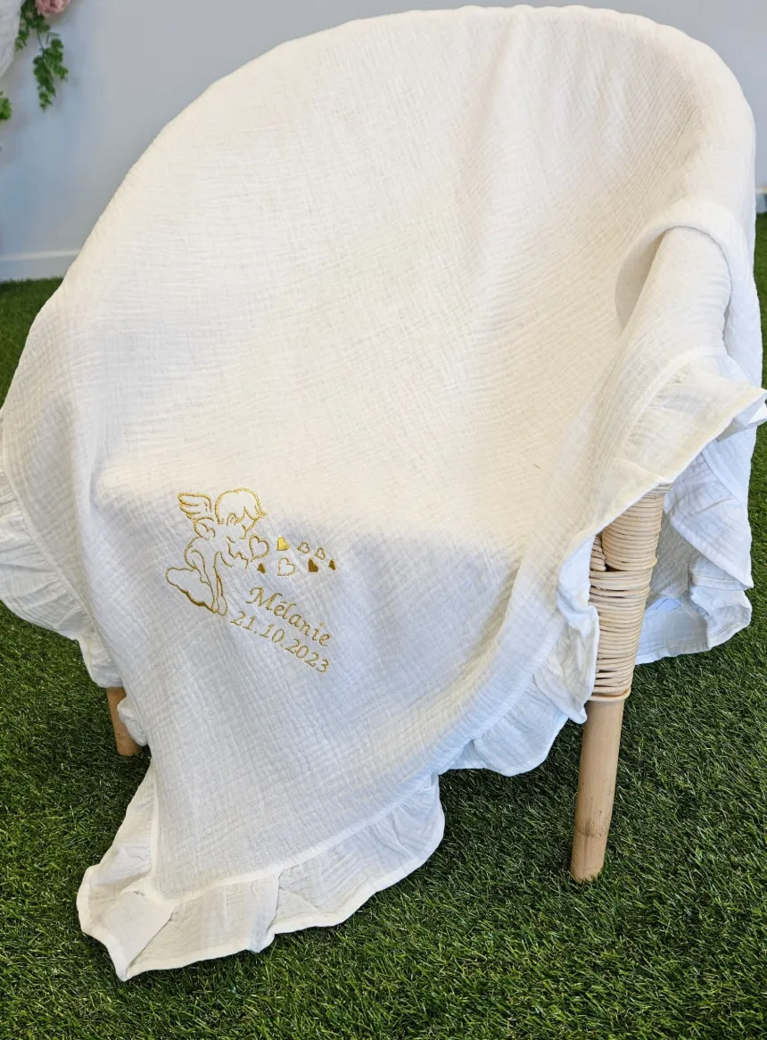 Couverture bapteme blanche coton gaze - Personnalisable Blanc