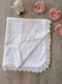 Couverture crochet blanche bébé doublée coton Blanc