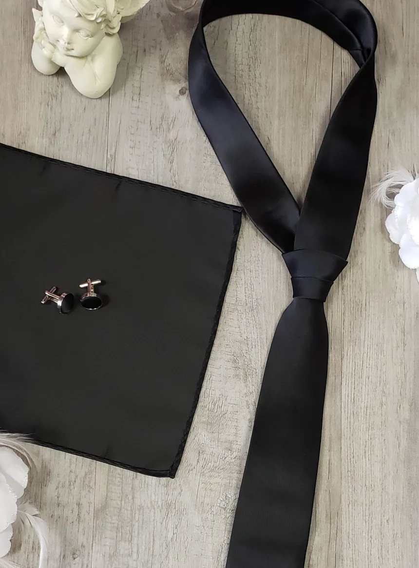 Cravate homme Deuil + boutons de manchettes + pochette satin