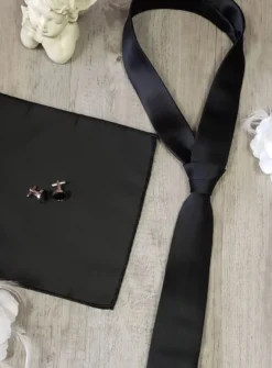 Cravate homme Deuil + boutons de manchettes + pochette satin